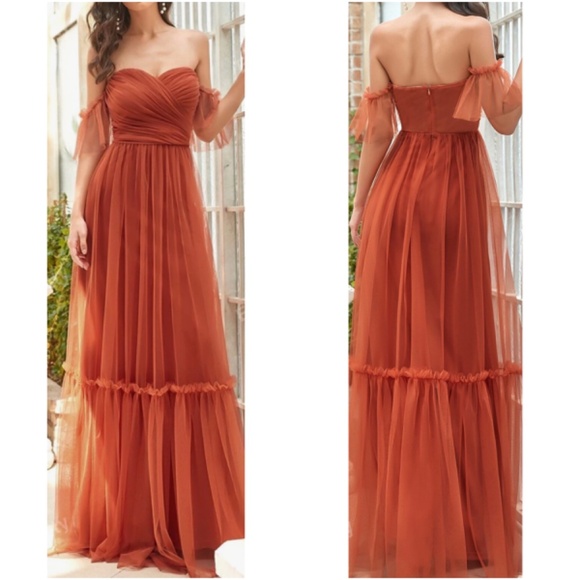 Luxe Mesh Off Shoulder Bridal Prom Formal Maxi Dress - Picture 6 of 11